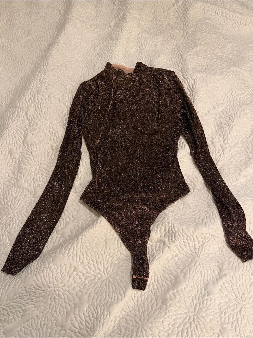 naked wardrobe Metallic Brown Glitter Long Sleeve Bodysuit